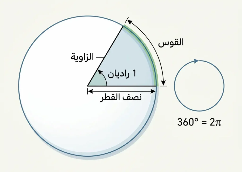 رسم تعليمي يوضح الفرق بين قياس الزاوية بالدرجة والراديان على دائرة.