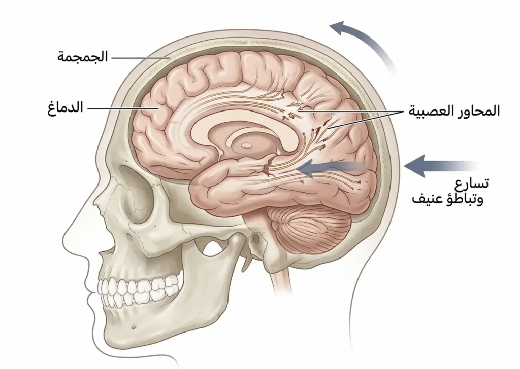  رسم تشريحي يوضح التلف المحوري المنتشر داخل الدماغ بسبب التسارع والتباطؤ العنيف