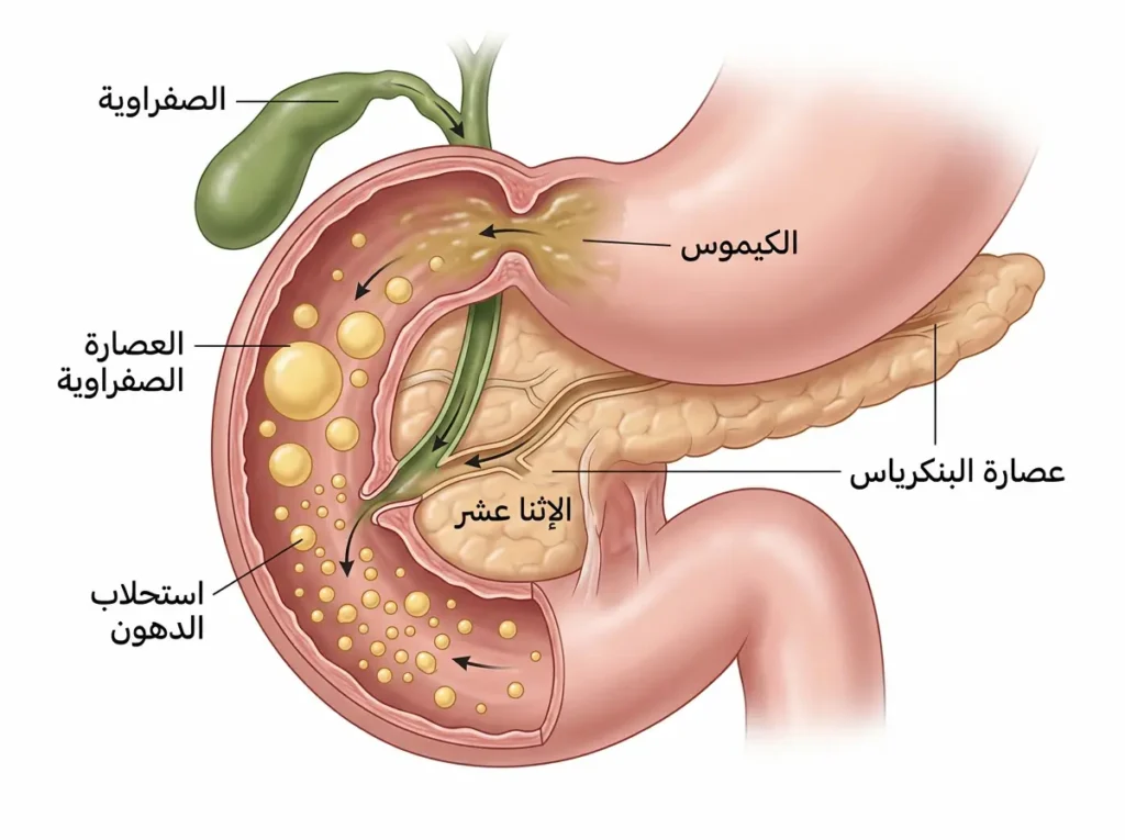 رسم طبي يوضح دخول الكيموس إلى الإثنا عشر واختلاطه بعصارة البنكرياس والعصارة الصفراوية مع بداية استحلاب الدهون.