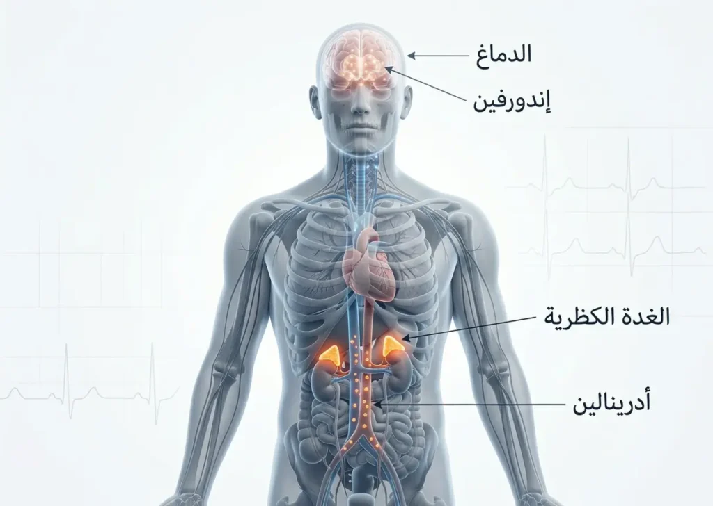  نموذج ثلاثي الأبعاد يوضح الدماغ والغدة الكظرية وإطلاق الإندورفين والأدرينالين في أثناء الصدمة
