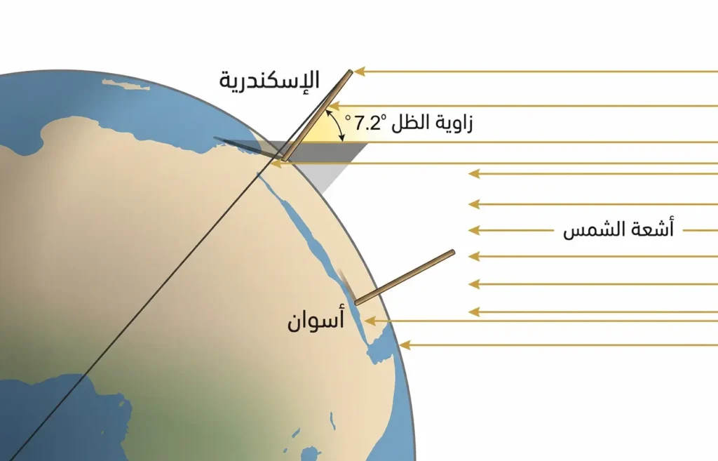  رسم علمي يوضح تجربة إراتوستينس عبر اختلاف الظل بين الإسكندرية وأسوان على سطح أرض منحنٍ