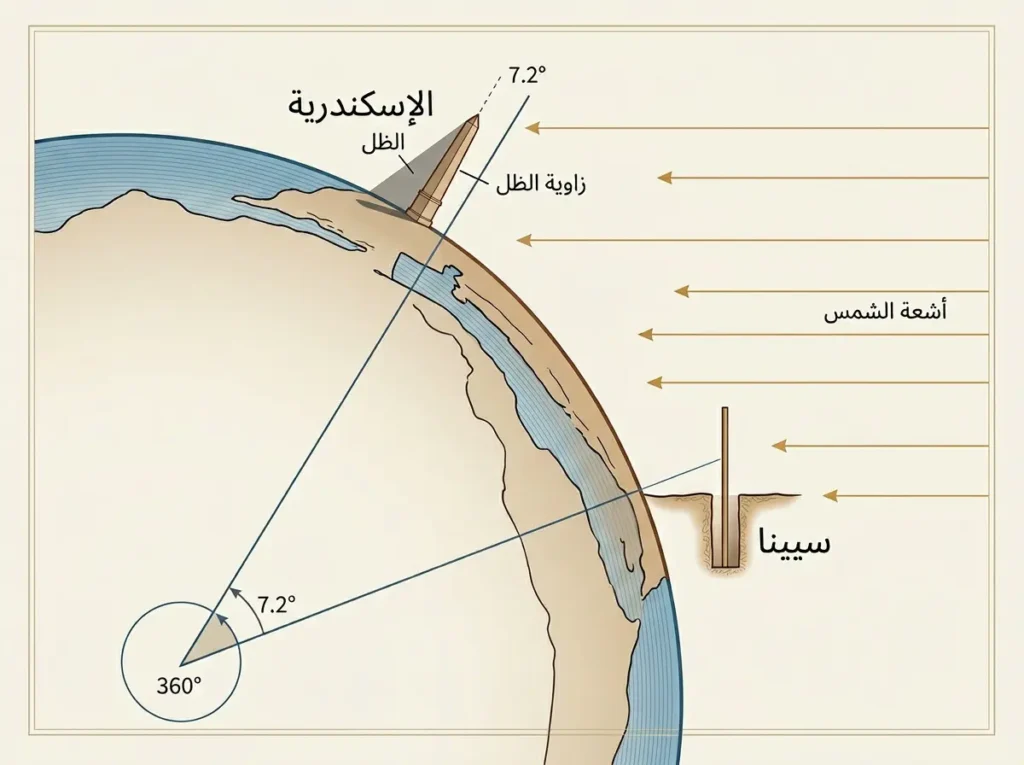 مخطط يوضح تجربة إراتوستينس باستخدام مدينتي الإسكندرية وسيينا وأشعة شمس متوازية وظلاً مختلفاً