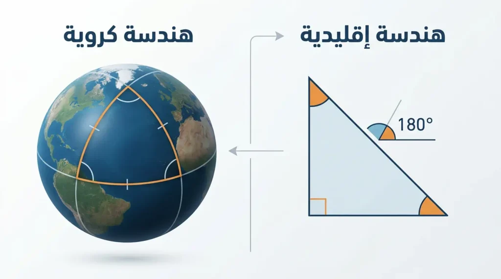 مقارنة بصرية بين مثلث على سطح مستوٍ ومثلث على سطح كروي لإظهار لماذا لا تنطبق مبرهنة فيثاغورس بالطريقة نفسها في الهندسة الكروية.