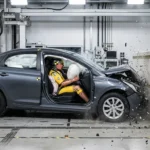 مشهد اختبار تصادم مخبري لسيارة حديثة مع دمية اختبار ووسائد هوائية منفوخة في تكوين غلافي علمي نظيف.