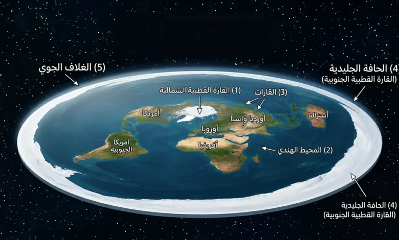 تصور علمي واقعي لكوكب افتراضي مسطح على هيئة قرص يطفو في الفضاء مع تركيز بصري على هشاشة هذا النموذج مقارنة بالكواكب الحقيقية.