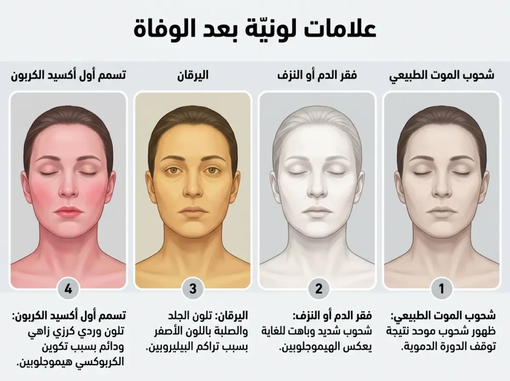 مقارنة بصرية بين شحوب الموت الطبيعي والاصفرار واللون الوردي الكرزي في بعض الحالات المرضية أو السمية.