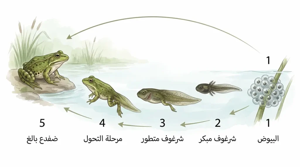 رسم توضيحي علمي يُظهر مراحل التحول الكامل في دورة حياة الضفدع من البيض إلى الشرغوف إلى الضفدع البالغ، مرتبة من اليمين إلى اليسار.