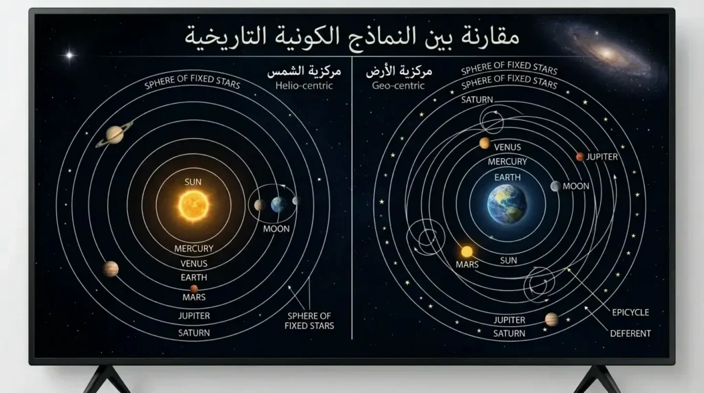 مقارنة بصرية بين نموذج بطليموس ذي مركزية الأرض ونموذج كوبرنيكوس ذي مركزية الشمس.