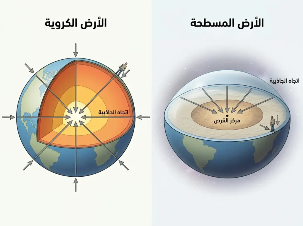 رسم علمي يقارن اتجاهات الجاذبية على الأرض الكروية وعلى قرص مسطح حيث تميل الجاذبية نحو مركز القرص.