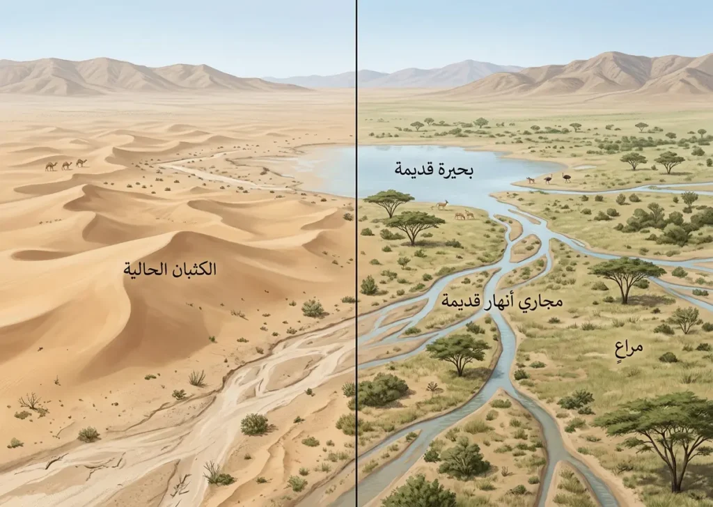 مقارنة بصرية بين شبه الجزيرة العربية خلال فترة رطبة قديمة وبين حالتها الصحراوية الحالية.