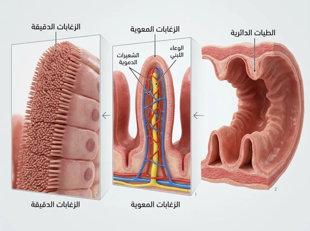 رسم ثلاثي الأبعاد يوضح الطيات الدائرية والزغابات المعوية والزغابات الدقيقة داخل الأمعاء الدقيقة مع الشعيرات الدموية والوعاء اللبني.