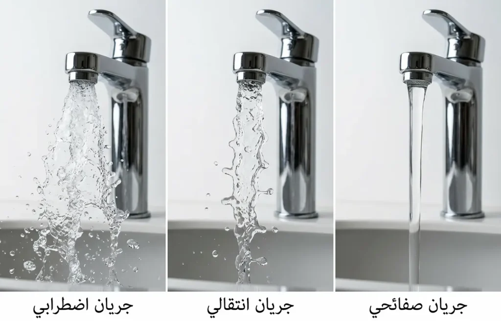  ثلاث مراحل بصرية لتدفق الماء من الصنبور: صفائحي ثم انتقالي ثم اضطرابي
