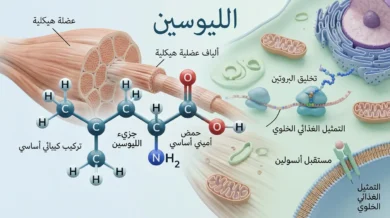 تصور علمي واقعي لجزيء الليوسين أمام ألياف عضلية وخلفية خلوية نظيفة يرمز إلى دوره في بناء البروتين العضلي.