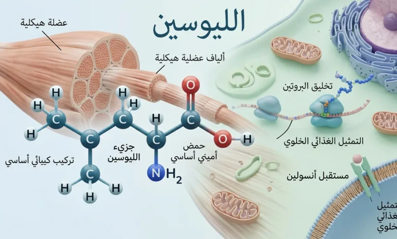 تصور علمي واقعي لجزيء الليوسين أمام ألياف عضلية وخلفية خلوية نظيفة يرمز إلى دوره في بناء البروتين العضلي.