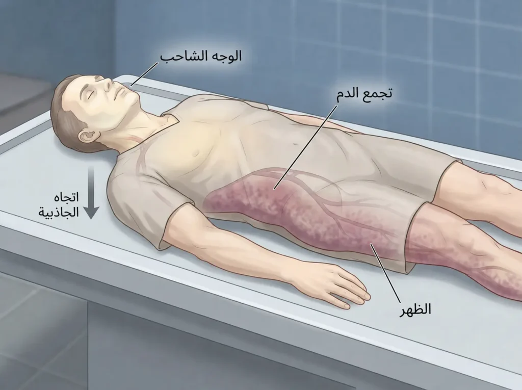 رسم علمي يوضح تجمع الدم في الأجزاء الخلفية والسفلية من الجثة مع بقاء الوجه شاحباً