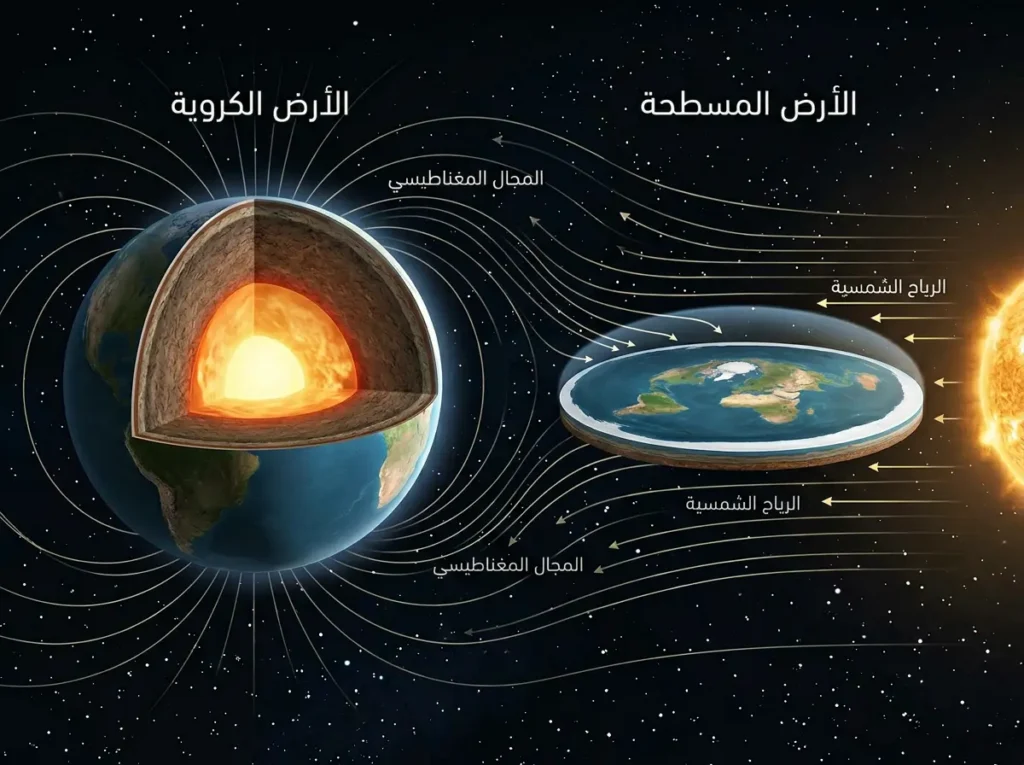 مقارنة علمية بين كرة أرضية ذات نواة خارجية ومجال مغناطيسي وقرص مسطح مكشوف أمام الرياح الشمسية.