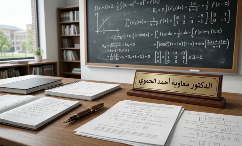 صورة غلاف احترافية تمثل بيئة أكاديمية في الرياضيات مع عنوان الدكتور معاوية أحمد الحموي