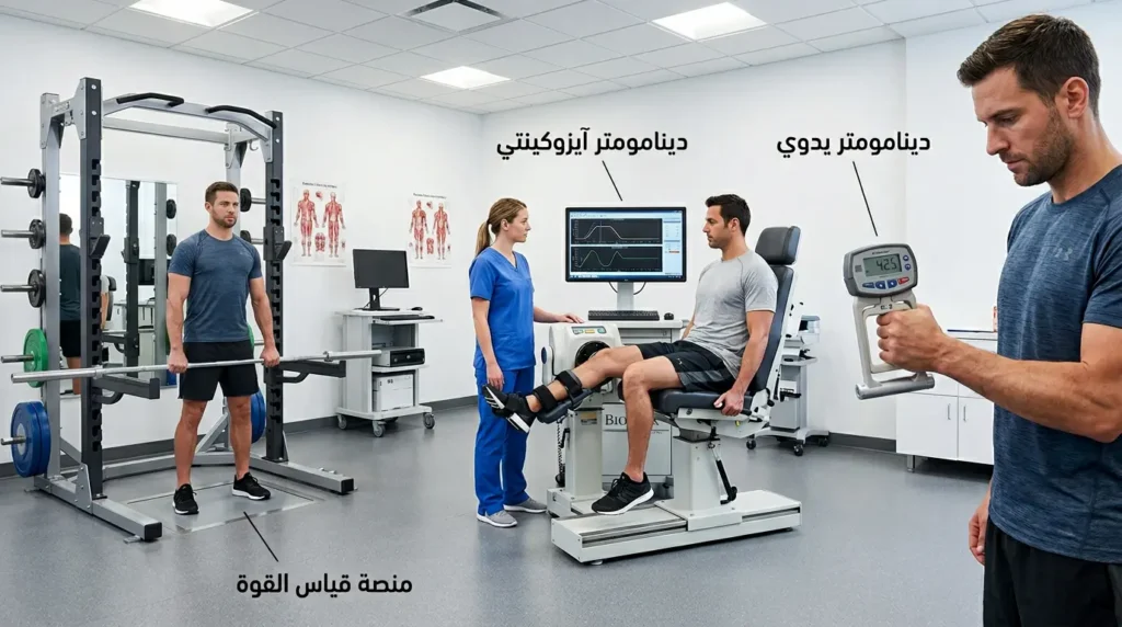 صورة واقعية لمختبر طب رياضي يعرض ثلاث أدوات لقياس القوة العضلية: دينامومتر يدوي، وجهاز دينامومتر آيزوكينتي، ومنصة قياس القوة الأرضية.