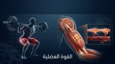 صورة غلاف علمية تجمع بين مقطع تشريحي للعضلة الهيكلية يُظهر الألياف والوحدات القُسيمية، وشكل رياضي يؤدي تمرين القرفصاء بشفافية تشريحية، على خلفية زرقاء داكنة احترافية.