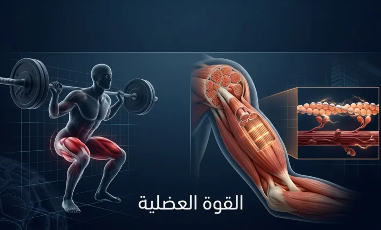صورة غلاف علمية تجمع بين مقطع تشريحي للعضلة الهيكلية يُظهر الألياف والوحدات القُسيمية، وشكل رياضي يؤدي تمرين القرفصاء بشفافية تشريحية، على خلفية زرقاء داكنة احترافية.