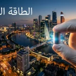 كريّة وقود يورانيوم صغيرة على يد مغطاة بقفاز مع مدينة مضاءة بالكامل في الخلفية تمثل القدرة الهائلة للطاقة النووية