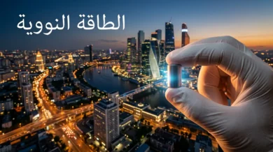 كريّة وقود يورانيوم صغيرة على يد مغطاة بقفاز مع مدينة مضاءة بالكامل في الخلفية تمثل القدرة الهائلة للطاقة النووية