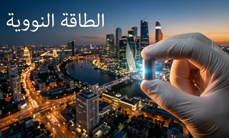 كريّة وقود يورانيوم صغيرة على يد مغطاة بقفاز مع مدينة مضاءة بالكامل في الخلفية تمثل القدرة الهائلة للطاقة النووية