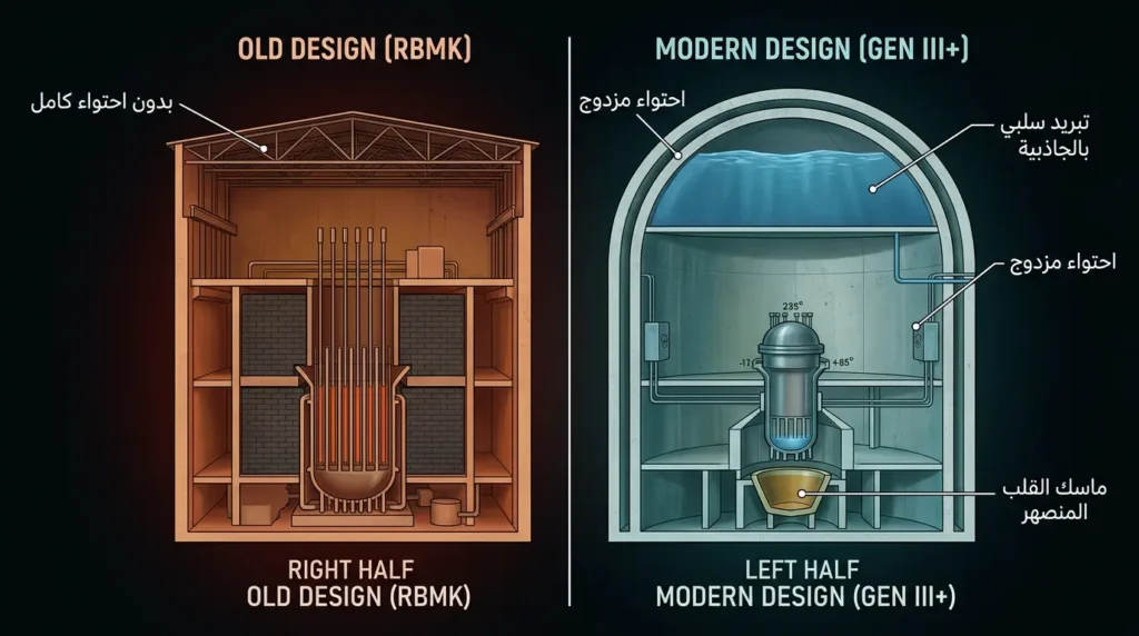 مقارنة توضيحية بين تصميم مفاعل RBMK القديم دون وعاء احتواء كامل وتصميم مفاعل حديث بأنظمة أمان سلبية متعددة