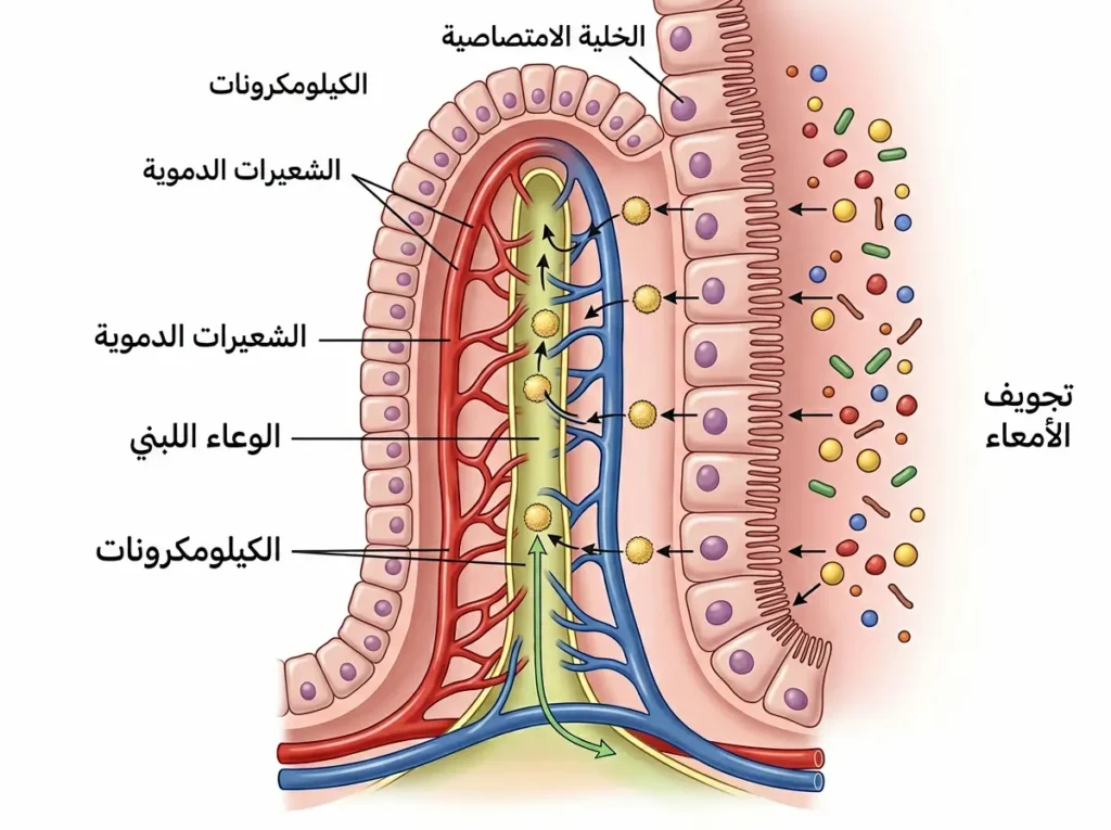 رسم يوضح امتصاص المغذيات عبر الخلية الامتصاصية داخل زغابة معوية وانتقالها إلى الشعيرات الدموية أو الوعاء اللبني.