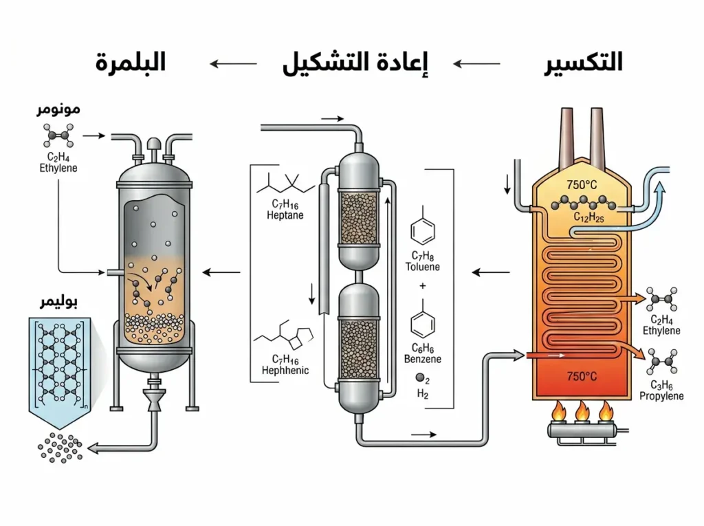 رسم تقني يشرح العمليات الثلاث الأساسية في صناعة البتروكيماويات: التكسير وإعادة التشكيل والبلمرة