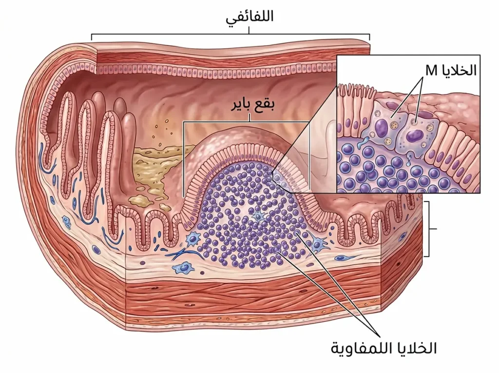 رسم مناعي تشريحي يوضح بقع باير داخل اللفائفي والخلايا M التي تنقل العينات إلى الخلايا اللمفاوية.