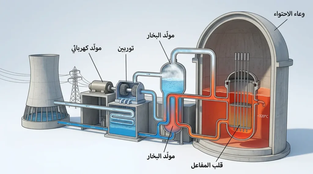 رسم مقطعي توضيحي لمحطة طاقة نووية من نوع مفاعل الماء المضغوط يُظهر الدائرتين الأولية والثانوية مع المكونات الرئيسية