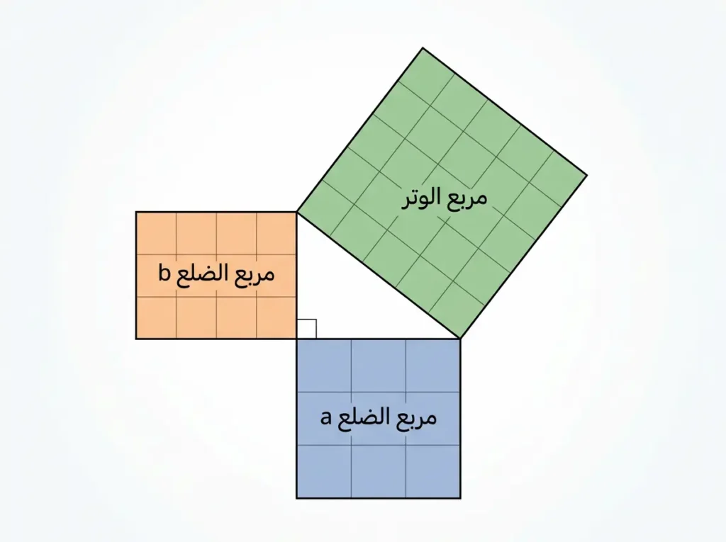 رسم يوضح المربعات المنشأة على أضلاع مثلث قائم الزاوية لإظهار معنى مبرهنة فيثاغورس بصرياً.