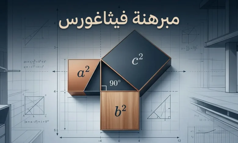 صورة غلاف توضح مبرهنة فيثاغورس بمثلث قائم الزاوية ومربعات مرسومة على أضلاعه في تصميم علمي حديث.