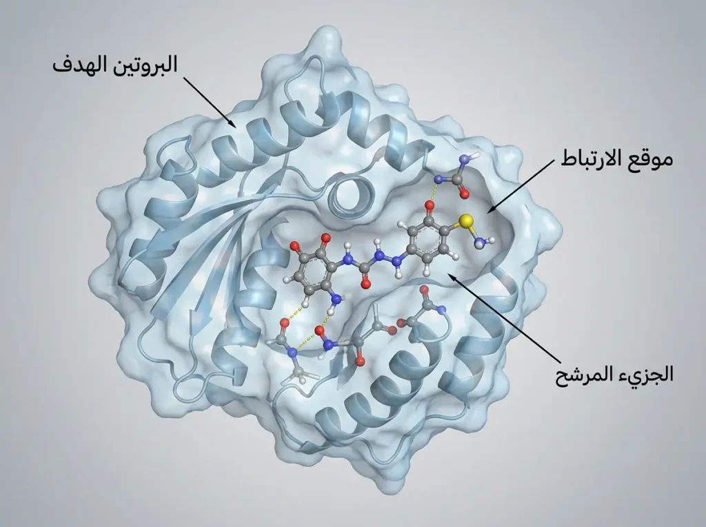 رسم ثلاثي الأبعاد يوضح جزيئاً دوائياً مرشحاً يرتبط بدقة داخل موقع الارتباط في بروتين هدف