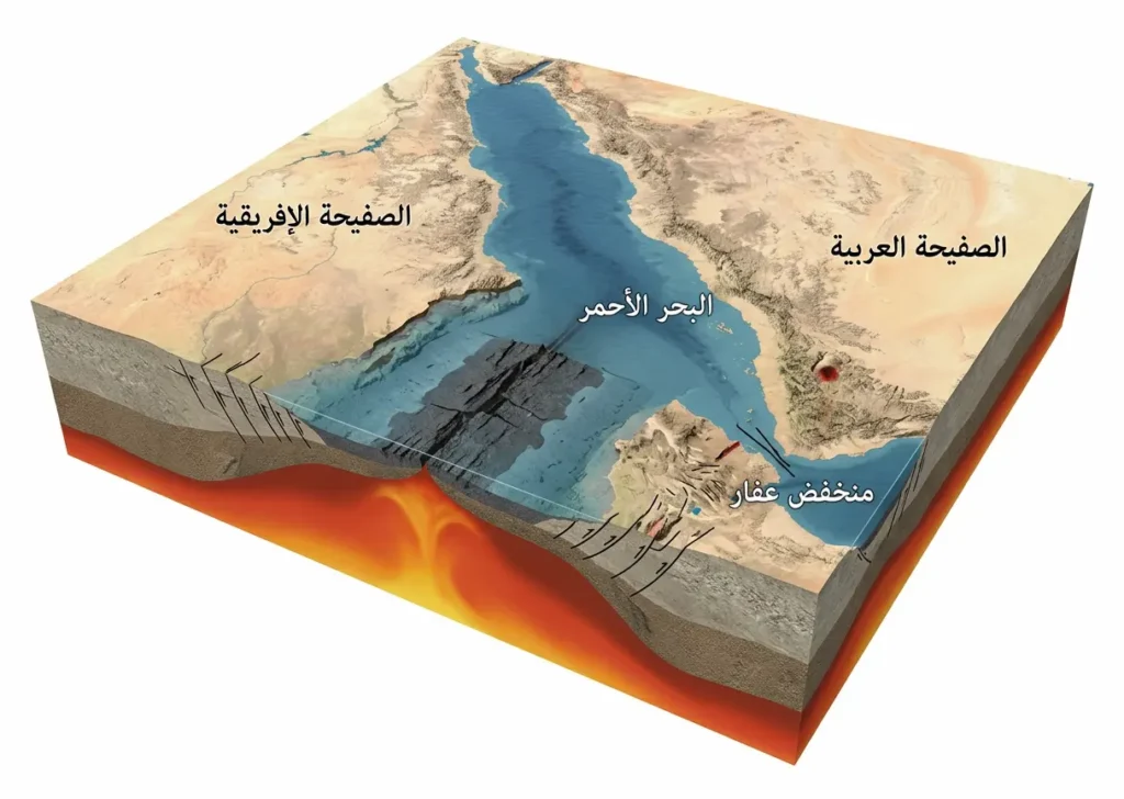 مقطع جيولوجي ثلاثي الأبعاد يوضح انفصال الصفيحة العربية عن الصفيحة الإفريقية وتكوّن البحر الأحمر.