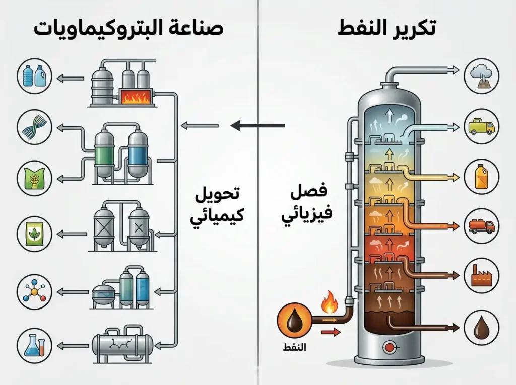 إنفوغرافيك يقارن بين تكرير النفط بوصفه فصلاً فيزيائياً وصناعة البتروكيماويات بوصفها تحويلاً كيميائياً