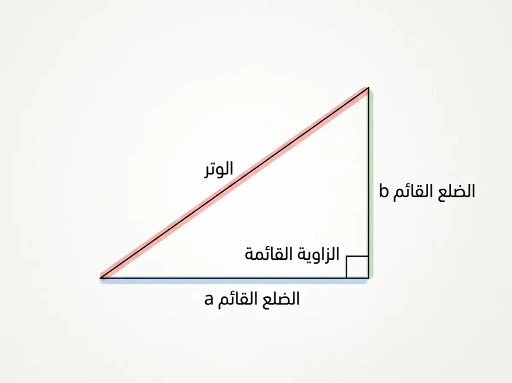 رسم تعليمي يوضح أجزاء المثلث القائم الزاوية مع تسمية الوتر والضلعين القائمين والزاوية القائمة.
