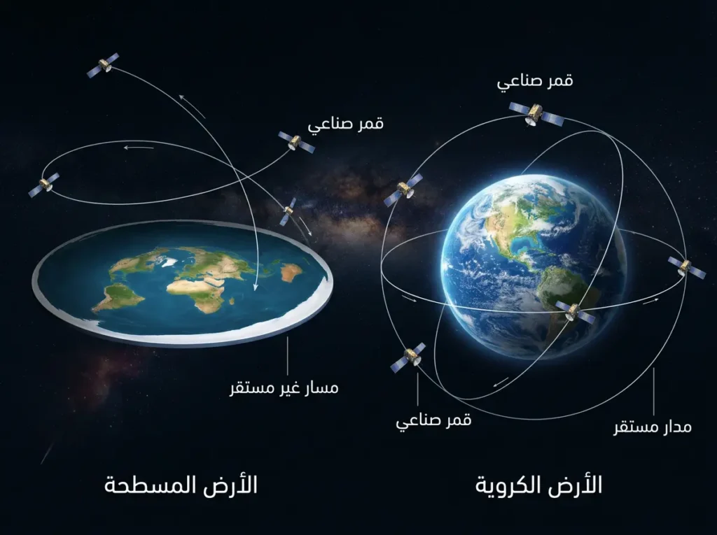 مقارنة بصرية بين مدارات مستقرة حول الأرض الكروية ومسارات غير مستقرة حول نموذج قرصي مسطح.