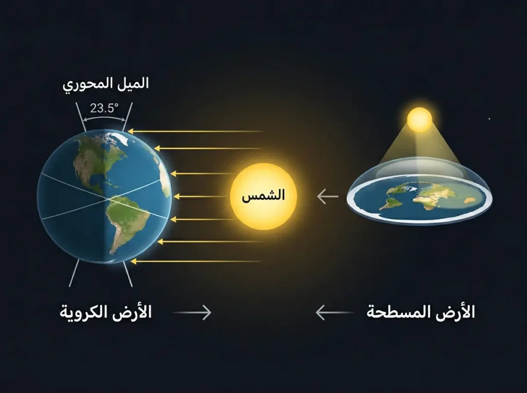  مخطط علمي يقارن بين تفسير الفصول على الأرض الكروية وفشل هذا التفسير على قرص مسطح