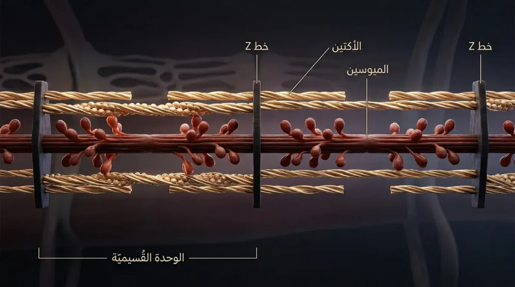 رسم ثلاثي الأبعاد واقعي يوضّح آلية الانقباض العضلي وفق نظرية الخيوط المنزلقة، يُظهر الوحدة القُسيمية في حالة الارتخاء والانقباض مع خيوط الأكتين والميوسين وخطوط Z.