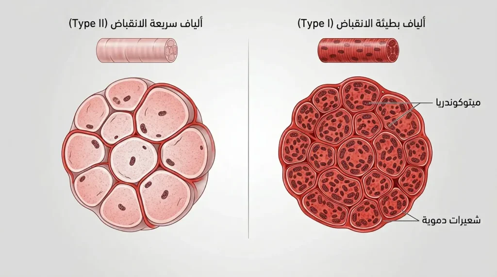 رسم علمي مقارن يُظهر الفرق بين الألياف العضلية بطيئة الانقباض (Type I) وسريعة الانقباض (Type II) من حيث القطر وكثافة الميتوكوندريا والشعيرات الدموية.