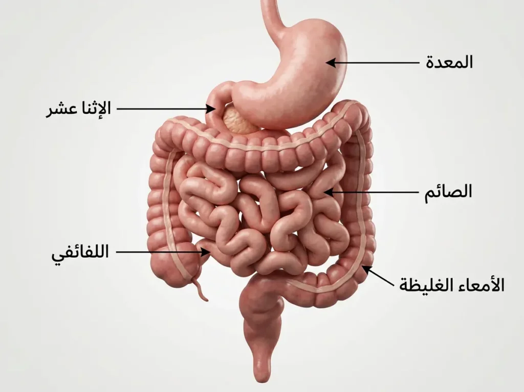 رسم علمي ثلاثي الأبعاد يوضح مكان الأمعاء الدقيقة داخل البطن وأجزاءها الرئيسة مقارنة بالمعدة والأمعاء الغليظة.