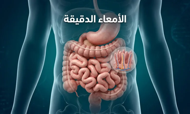 صورة غلاف علمية ثلاثية الأبعاد تُظهر الأمعاء الدقيقة داخل البطن مع تلميح بصري إلى الزغابات المعوية ووظيفة الامتصاص.