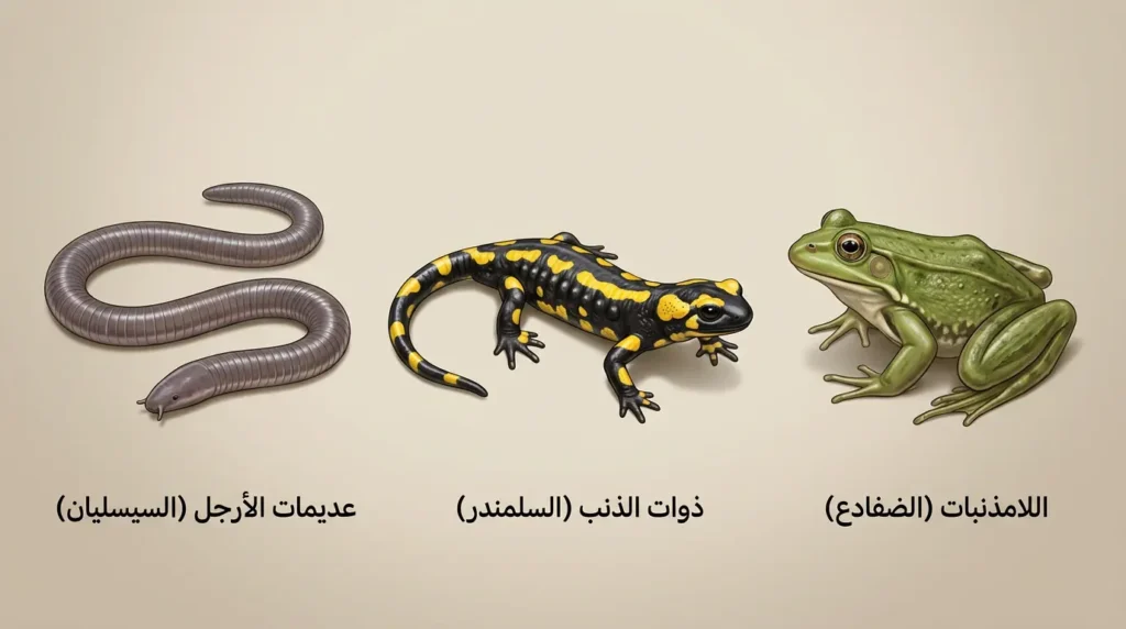رسم توضيحي علمي يعرض الرتب الثلاث للبرمائيات جنباً إلى جنب: ضفدع بلا ذيل، وسلمندر بذيل طويل وأطراف قصيرة، وسيسليان عديم الأرجل يشبه الدودة.