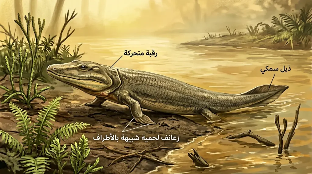 رسم توضيحي علمي دقيق لكائن تيكتاليك الانتقالي وهو يخرج من مستنقع ضحل إلى اليابسة في العصر الديفوني، مع تسميات توضح الزعانف اللحمية والرقبة المتحركة والذيل السمكي.