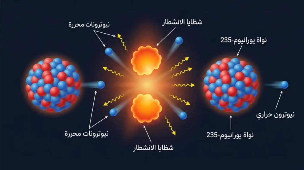رسم توضيحي علمي يُظهر عملية الانشطار النووي لنواة يورانيوم-235 والتفاعل المتسلسل مع تسميات عربية