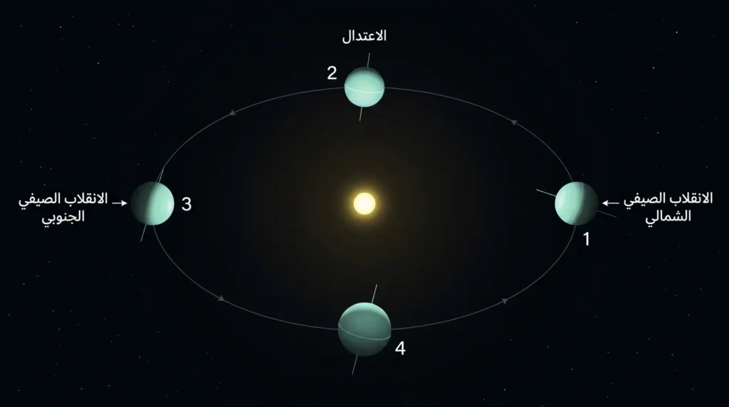 رسم توضيحي يُظهر مدار كوكب أورانوس حول الشمس في أربع مواقع رئيسة توضح كيف يسبب ميله المحوري البالغ 98 درجة فصولاً متطرفة تمتد كل منها نحو 21 سنة أرضية
