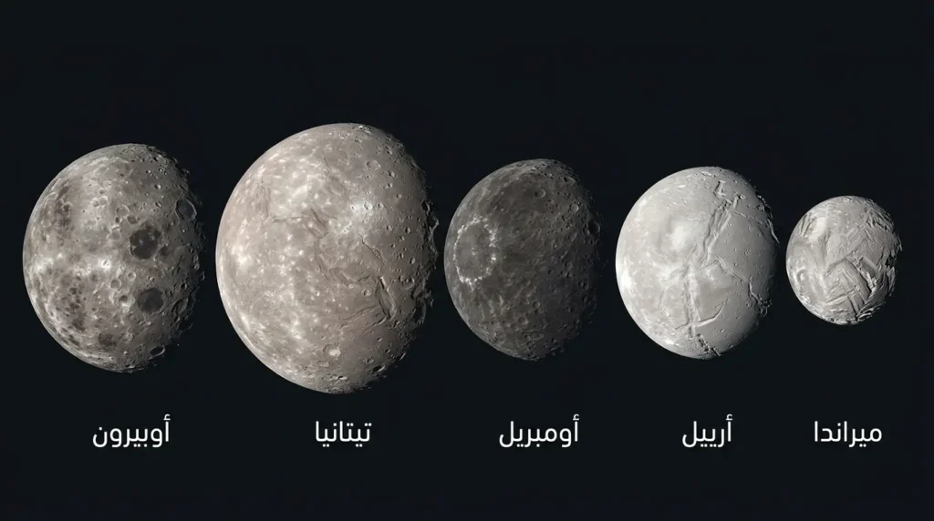 رسم علمي يعرض أقمار أورانوس الخمسة الكبرى مرتبة حسب بُعدها عن الكوكب: ميراندا وأرييل وأومبريل وتيتانيا وأوبيرون مع ملامحها السطحية المميزة