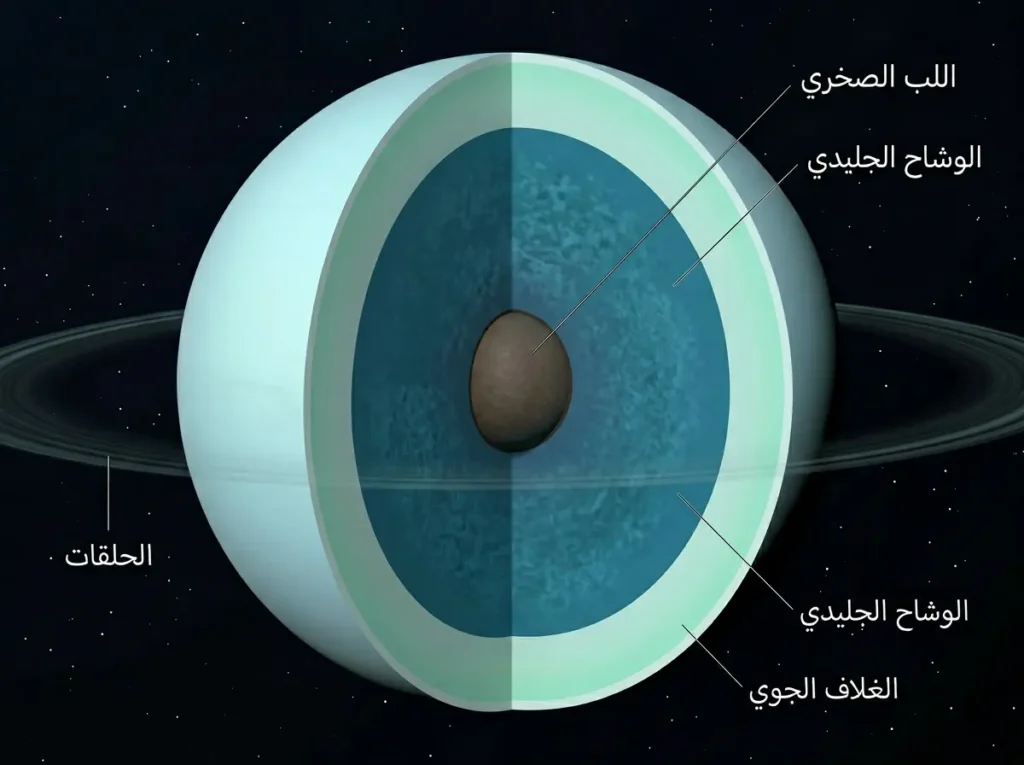 مقطع توضيحي يكشف البنية الداخلية لكوكب أورانوس بثلاث طبقات رئيسة: اللب الصخري، والوشاح الجليدي، والغلاف الجوي، مع ظهور الحلقات من الخارج
